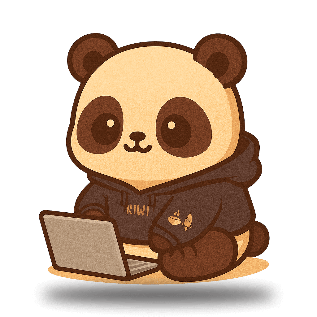 Kiwi, our cozy café mascot, waving from a laptop